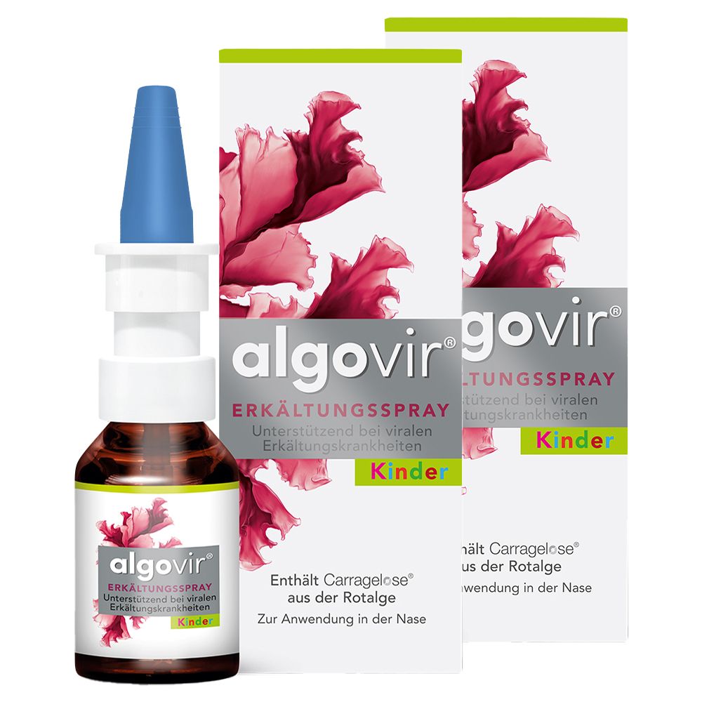 Nasenspray-Flasche und zwei Kartons. Aufschrift: algovir Erkältungsspray Kinder. Enthält Carragelose aus der Rotalge.