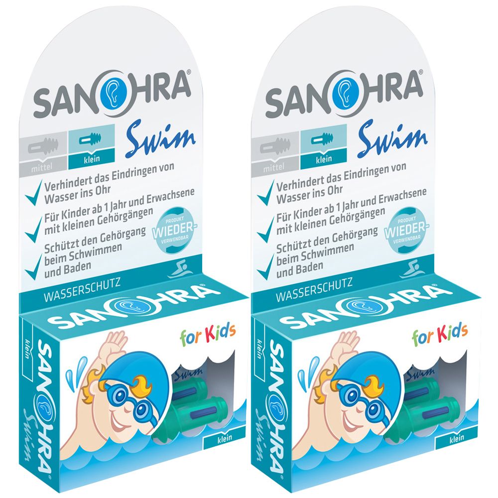 Verpackung von Sanohra Swim for Kids. Enthält Ohrstöpsel. Text: Wasserschutz, verhindert Eindringen von Wasser, für Kinder ab 1 Jahr.