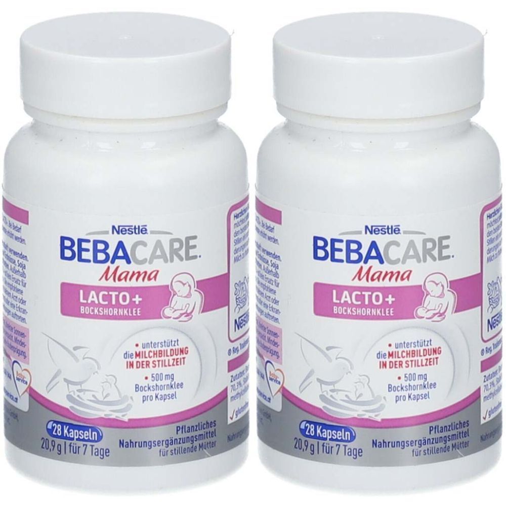 Zwei weiße Flaschen mit rosa Etiketten. Aufschrift: BEBACARE Mama LACTO+ Bockshornklee. Enthält 28 Kapseln.