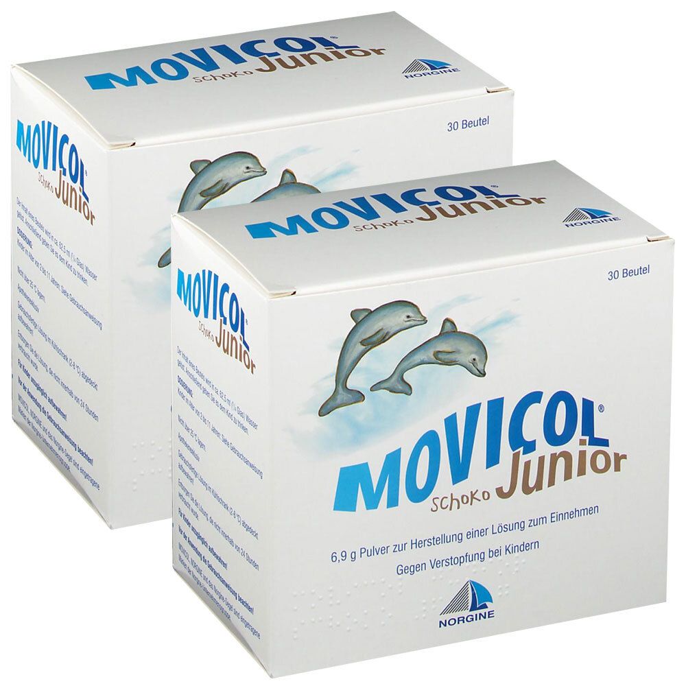 Zwei Kartons MOVICOL Junior Schoko. Aufschrift: MOVICOL Junior Schoko, 30 Beutel. Abbildung von Delfinen. Marke Norgine.