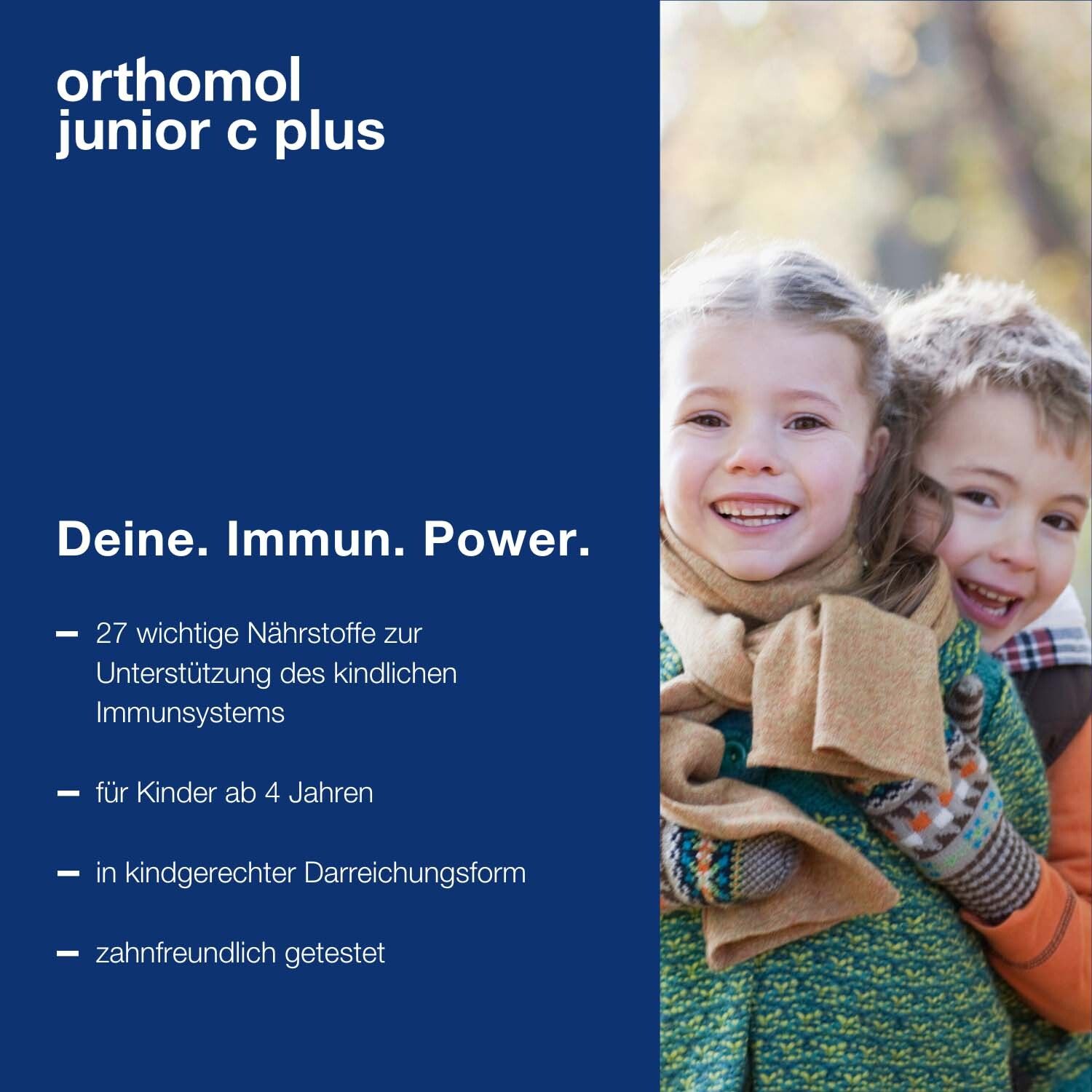 Zwei lachende Kinder. Text: Deine. Immun. Power. Orthomol junior c plus. 27 Nährstoffe für Kinder ab 4 Jahren.