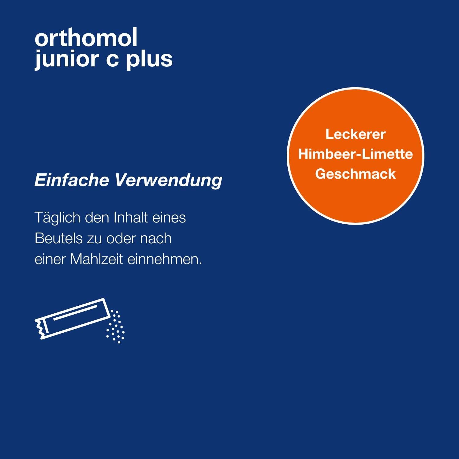 Blauer Hintergrund. Text: Einfache Verwendung. Lecker Himbeer-Limetten Geschmack. Beutel mit Granulat.