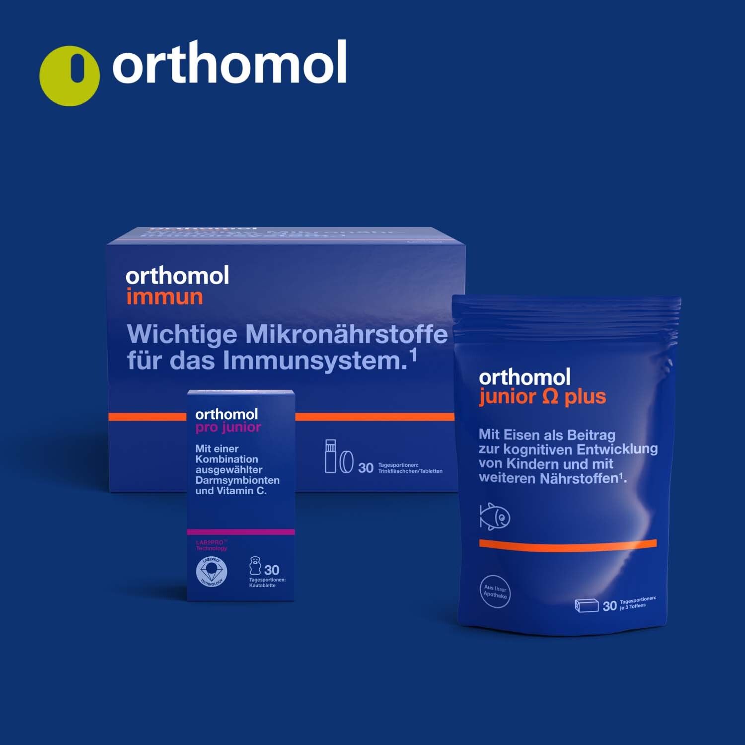 Drei Packungen Orthomol Produkte. Orthomol junior C plus, Orthomol Immun, Orthomol junior Omega plus. 