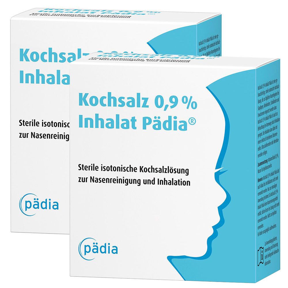 Zwei Kartons mit der Aufschrift "Kochsalz 0,9 % Inhalat Pädia". Blaue und weiße Verpackung mit Produktinformationen und Logo.