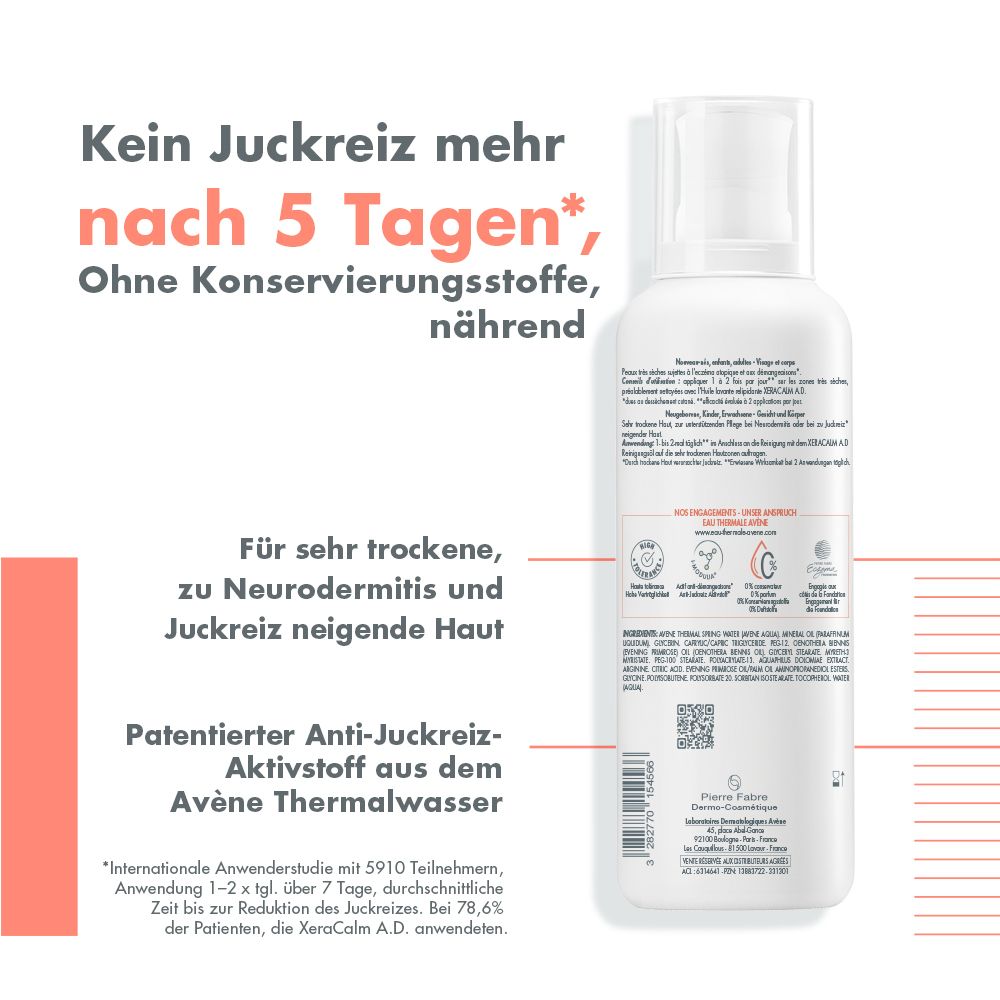 Rückseite einer Flasche Avène XeraCalm A.D Balsam. Text: Kein Juckreiz mehr nach 5 Tagen. Für trockene Haut.