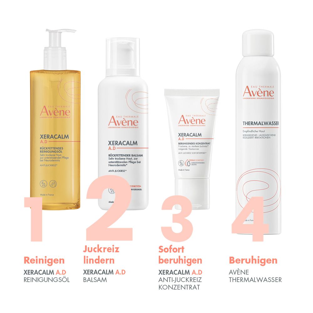 Vier Avène-Produkte: Reinigungsöl, XeraCalm A.D Balsam, Anti-Juckreiz Konzentrat, Thermalwasser. Beschriftung.