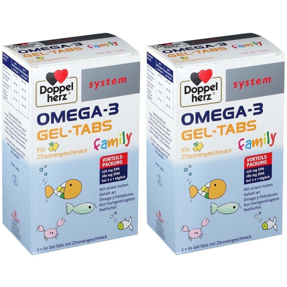 Zwei Packungen Doppelherz Omega-3 Gel-Tabs Family. Aufdruck: Omega-3, Gel-Tabs, Family, mit Zitronengeschmack. Vorteilspackung.