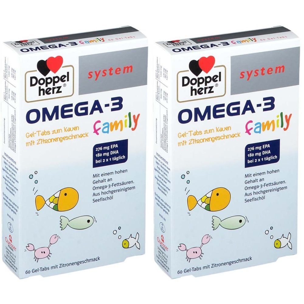 Zwei Kartons Doppelherz OMEGA-3 Family. Aufdruck: OMEGA-3, Gel-Tabs, 276 mg EPA, 186 mg DHA. Mit Zitronengeschmack.