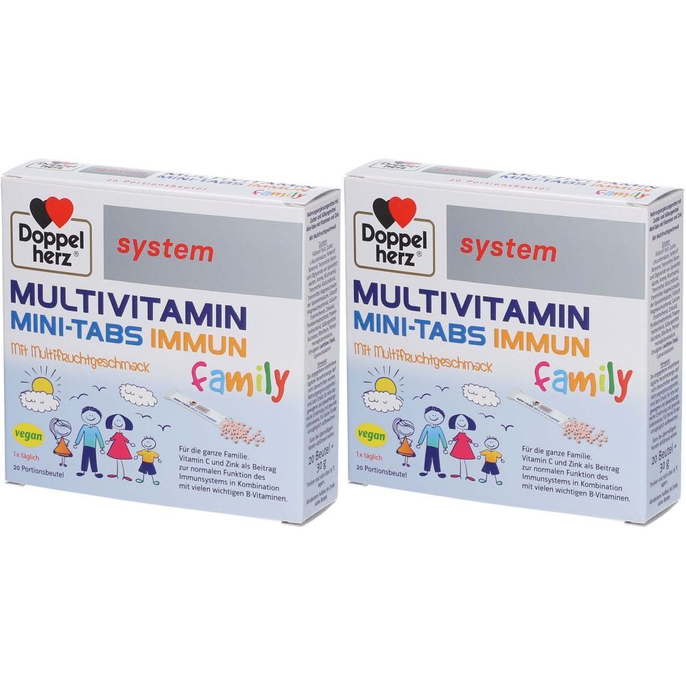 Zwei Kartons Doppelherz system MULTIVITAMIN MINI-TABS IMMUN Family. Aufdruck: Multivitamingeschmack, Familienabbildung, vegan.
