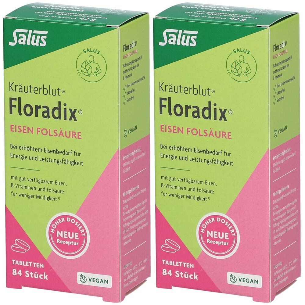 Zwei Schachteln Salus Kräuterblut Floradix Eisen Folsäure. Grün-rosa Verpackung mit Produktnamen und Text. Enthält 84 Tabletten. Vegan.
