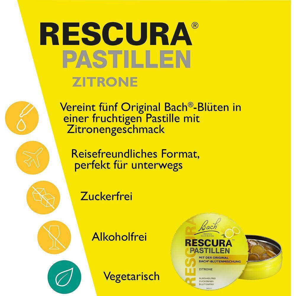 Gelber Hintergrund mit Text: RESCURA Pastillen Zitrone. Informationen zu Inhaltsstoffen und Eigenschaften. Dose mit Pastillen.
