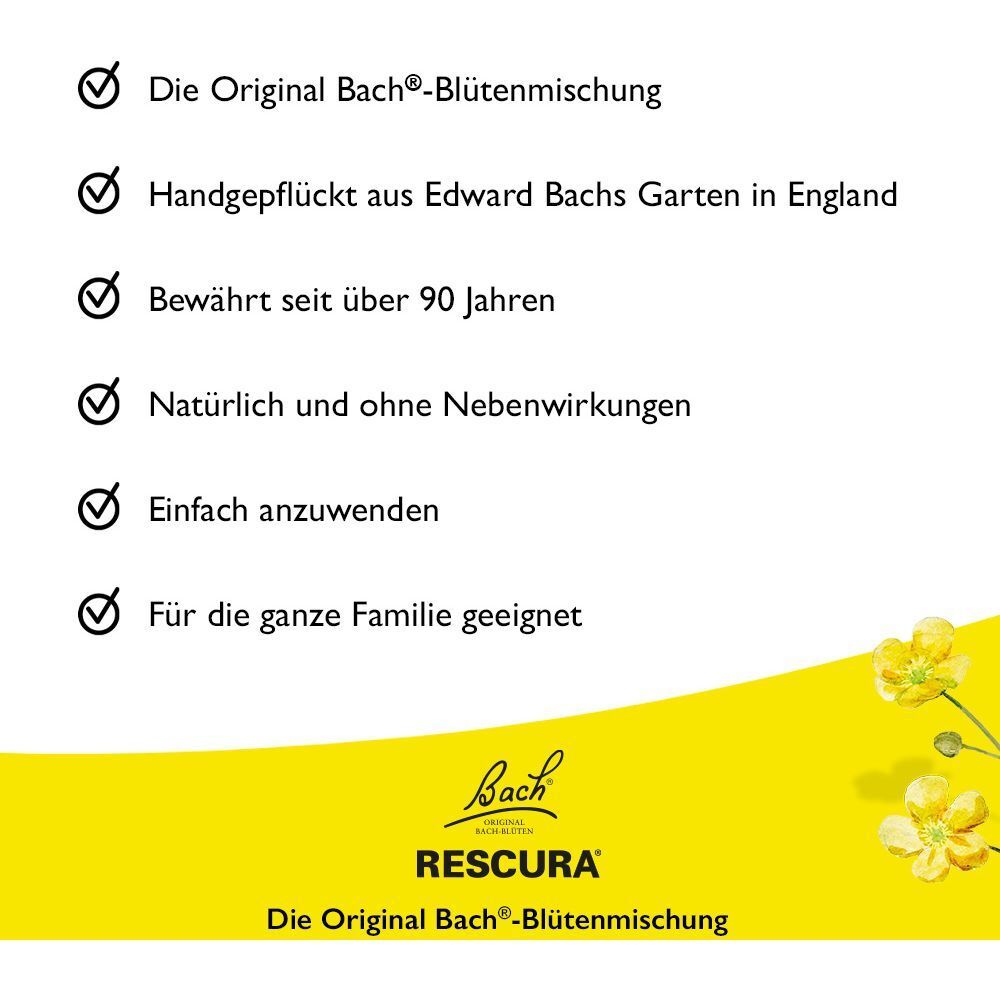 Gelber Hintergrund mit Text: Vorteile der Original Bach-Blütenmischung. Logos und Produktbezeichnung RESCURA.