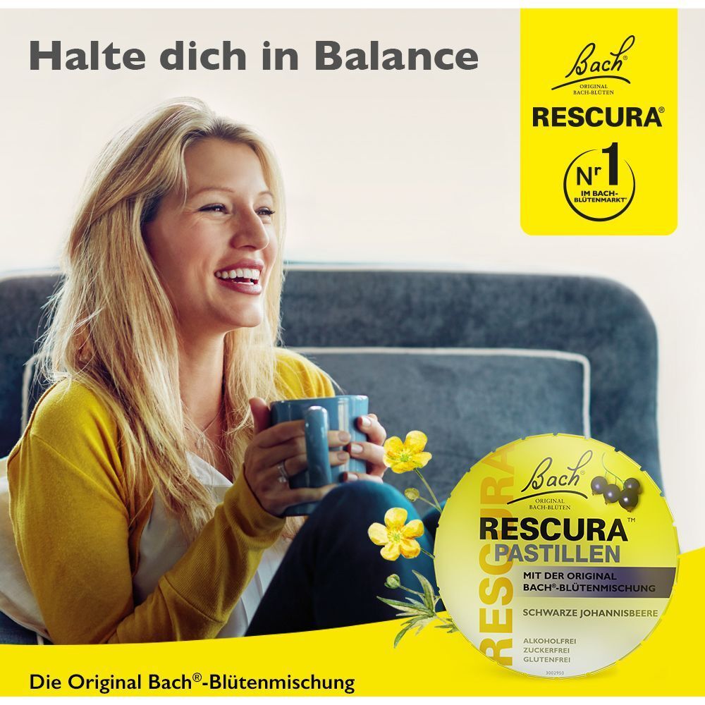 Frau mit Tasse, lächelnd. Neben ihr: Dose RESCURA Pastillen. Logo und Produktbezeichnung. Nr. 1 im Bach-Blütenmarkt.