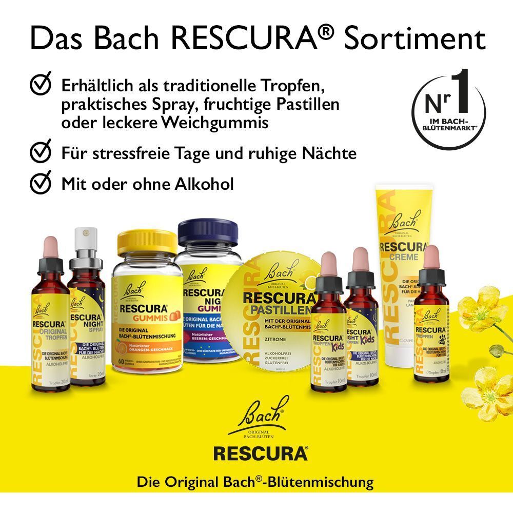 Verschiedene Bach RESCURA Produkte: Tropfen, Spray, Pastillen, Weichgummis. Nr. 1 im Bach-Blütenmarkt.