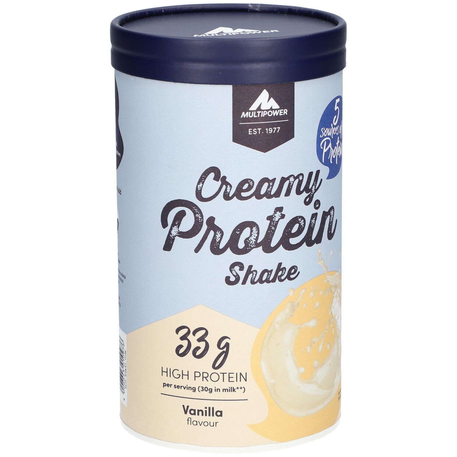 Zylinderförmige Dose mit "Creamy Protein Shake"-Aufdruck. Enthält 33g Protein. Vanille-Geschmack. Marke: Multipower.