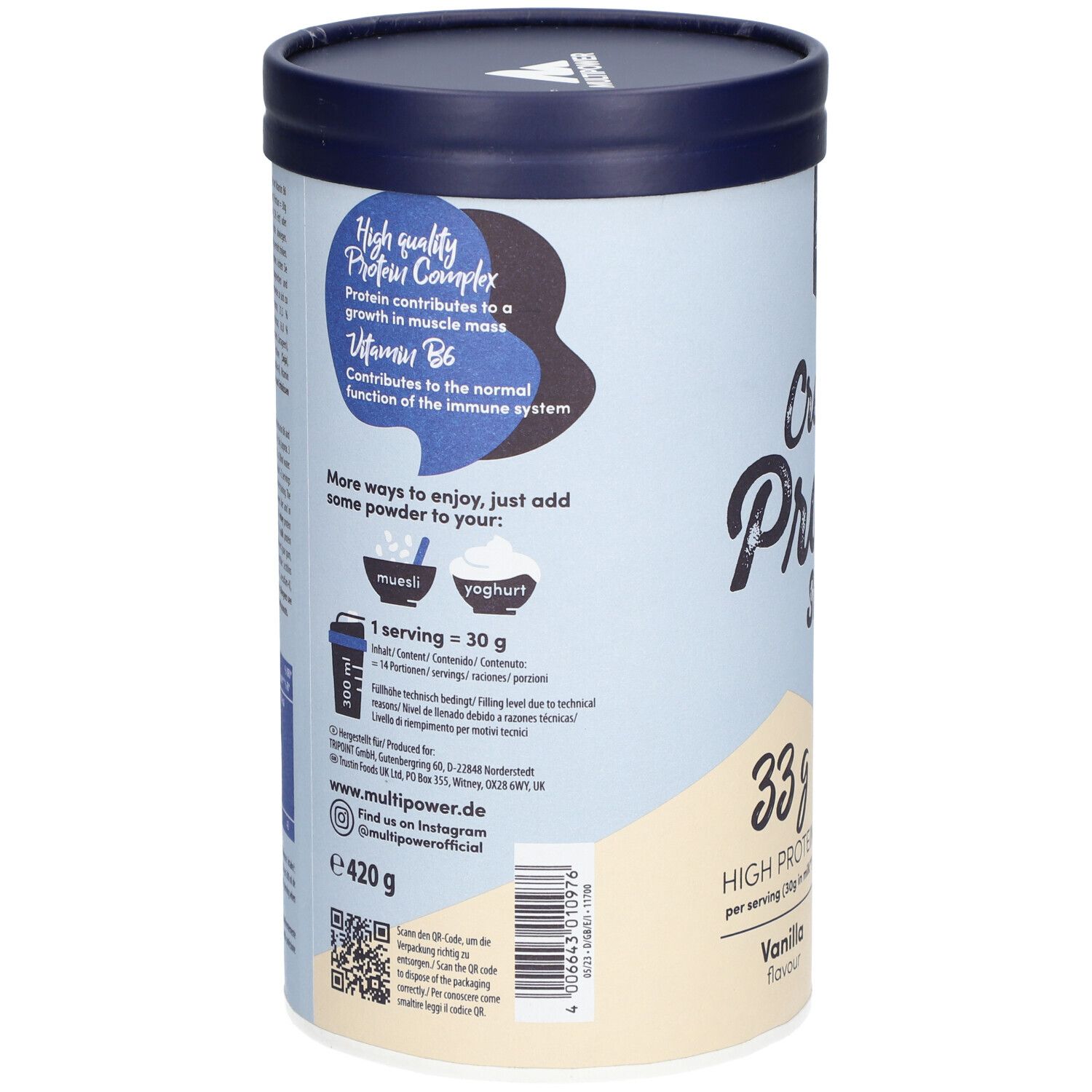 Rückseite der Dose. Text: "High quality Protein Complex". Enthält Informationen zu Inhaltsstoffen und Nährwerten. Marke: Multipower.