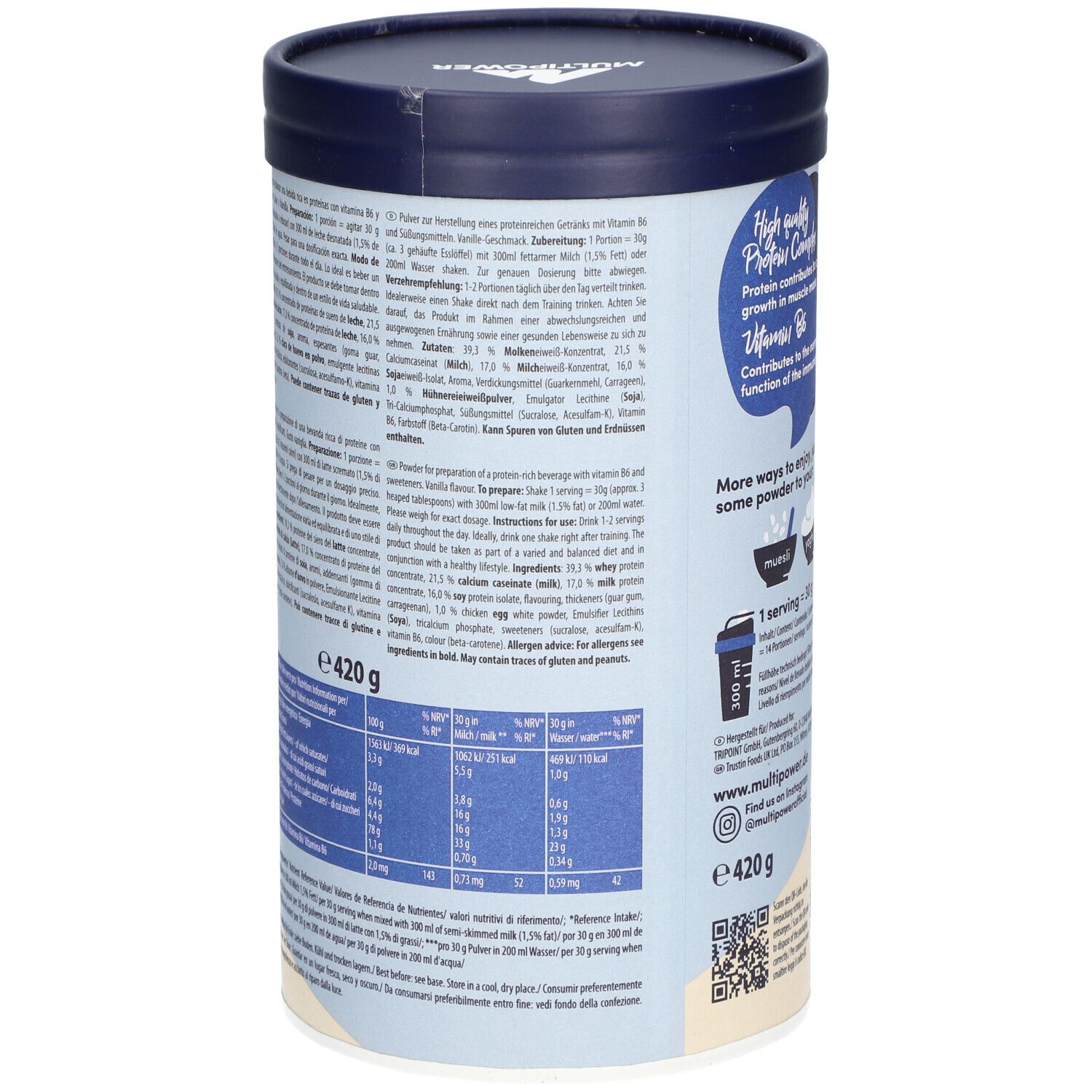Rückseite der Dose mit Text. Enthält Informationen zu Inhaltsstoffen, Nährwerten und Zubereitung. Marke: Multipower.