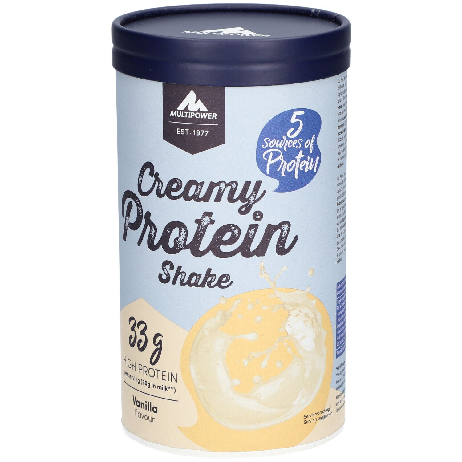 Zylinderförmige Dose mit "Creamy Protein Shake"-Aufdruck. Enthält 33g Protein. Vanille-Geschmack. Marke: Multipower.