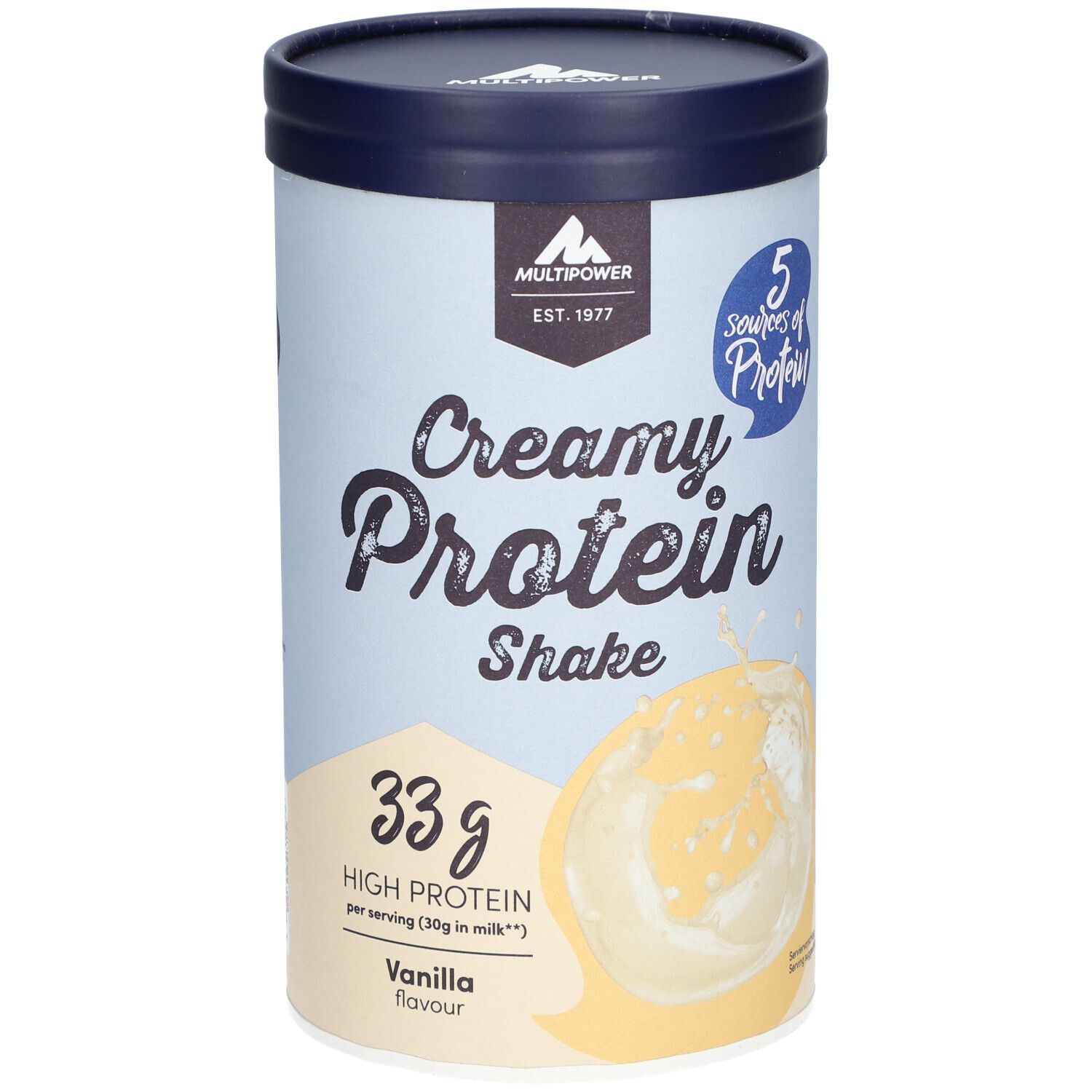 Zylinderförmige Dose mit "Creamy Protein Shake"-Aufdruck. Enthält 33g Protein. Vanille-Geschmack. Marke: Multipower.
