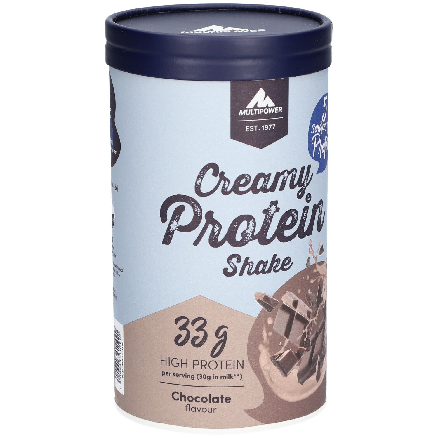 Zylinderförmige Dose mit "Creamy Protein Shake"-Aufdruck. Schokoladen-Geschmack. 33g Protein pro Portion. Marke: Multipower.