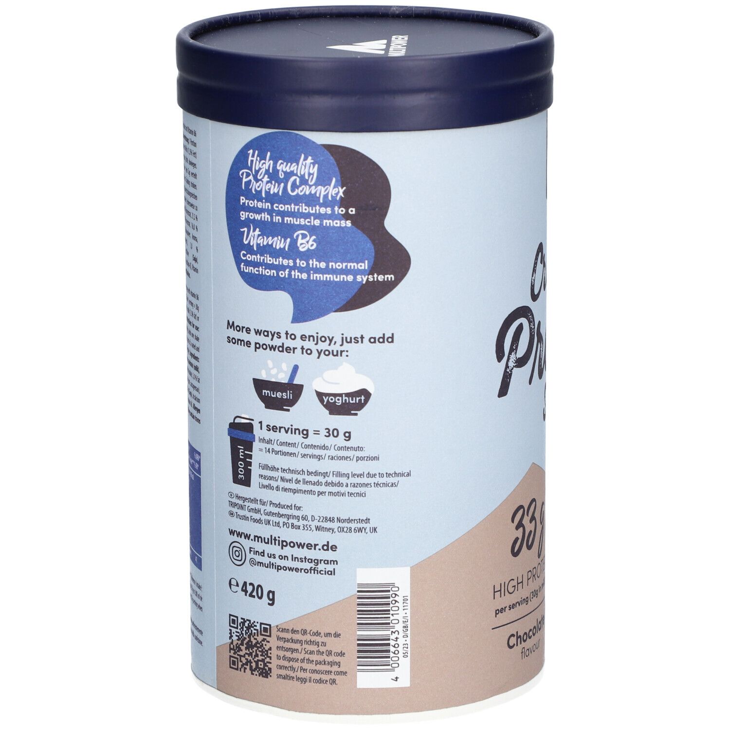 Rückseite der Dose. Text: "High quality Protein Complex". Enthält Vitamin B6. 420g. QR-Code. Marke: Multipower.