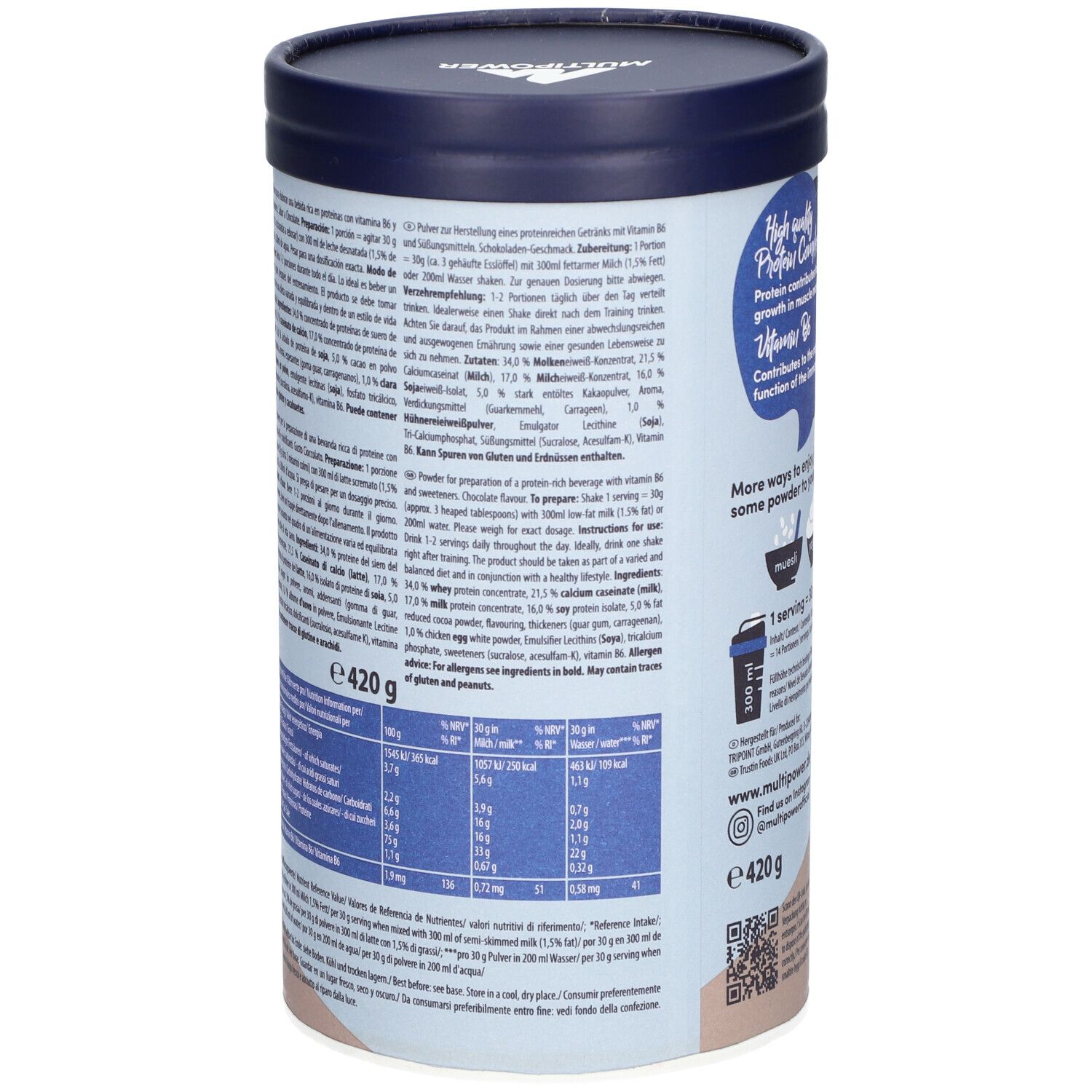 Dose mit Text und Nährwertangaben. Enthält Proteine, Vitamine und Mineralien. Marke: Multipower. 420g.