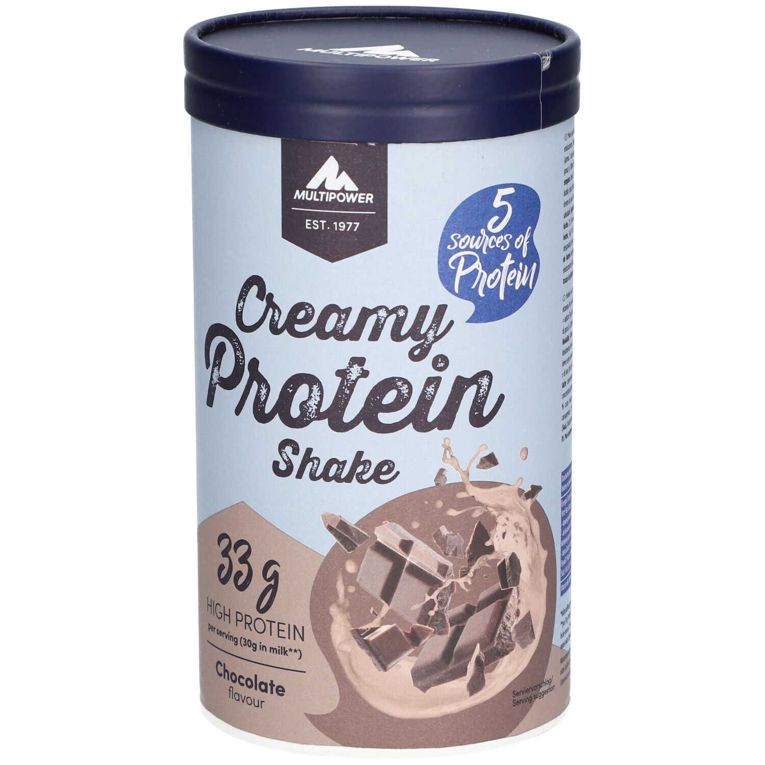 Zylinderförmige Dose mit "Creamy Protein Shake"-Aufdruck. Schokoladen-Geschmack. 33g Protein pro Portion. Marke: Multipower.