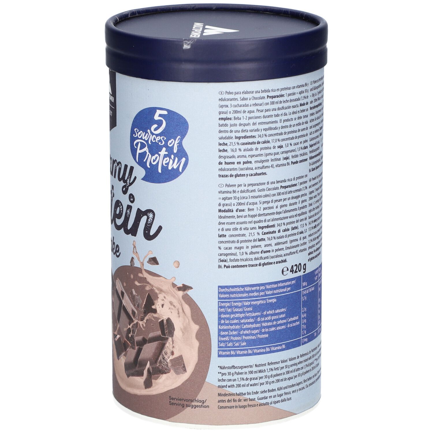 Dose mit Text und Nährwertangaben. Enthält Proteine, Vitamine und Mineralien. Marke: Multipower. 420g.