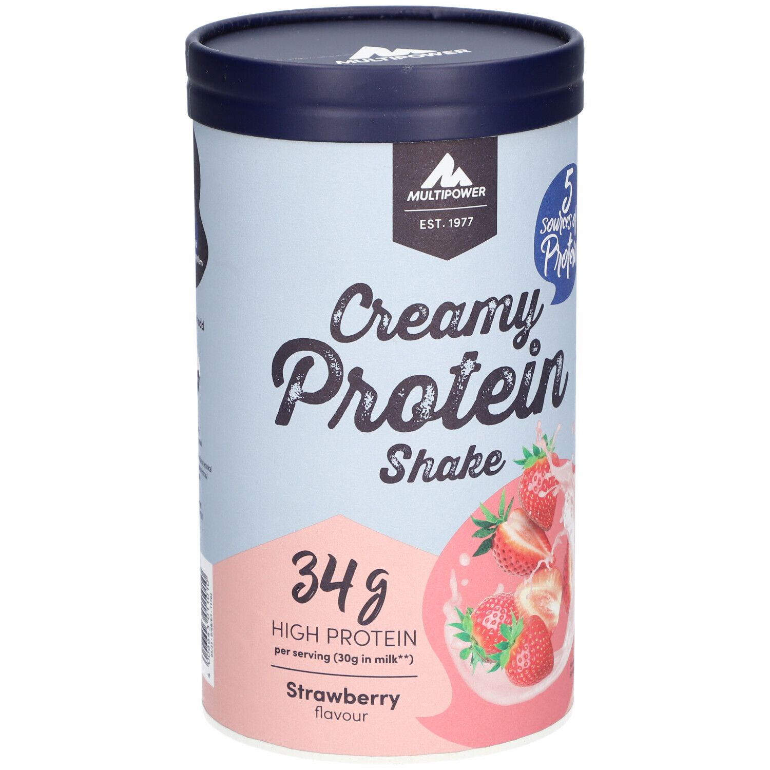 Zylinderförmige Dose mit "Creamy Protein Shake"-Aufdruck. Erdbeer-Abbildung. "34g High Protein" und "Strawberry flavour" sichtbar.