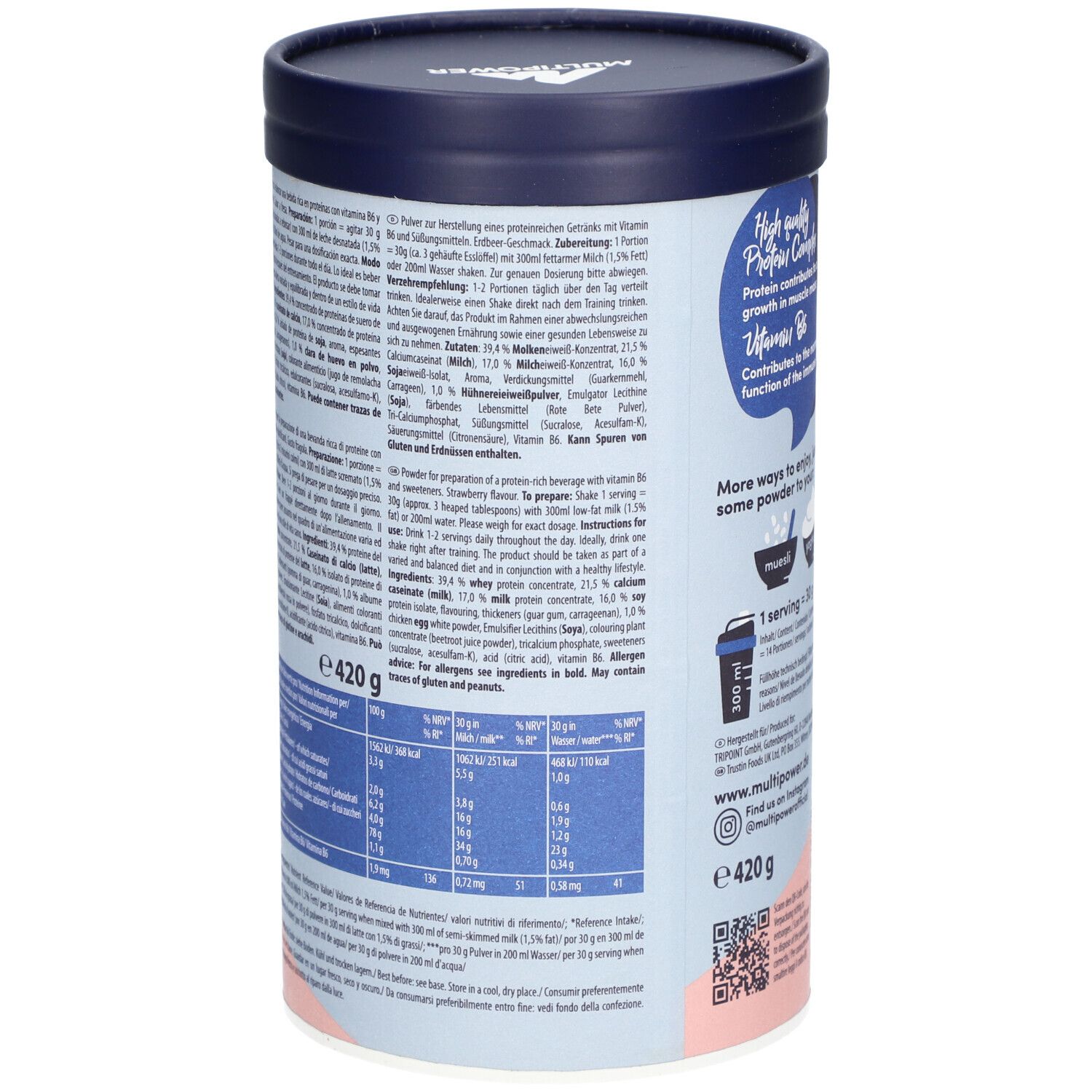Dose mit Text und Nährwertangaben. Zutatenliste und Zubereitungshinweise. "e 420 g" und "Strawberry flavour" sichtbar.