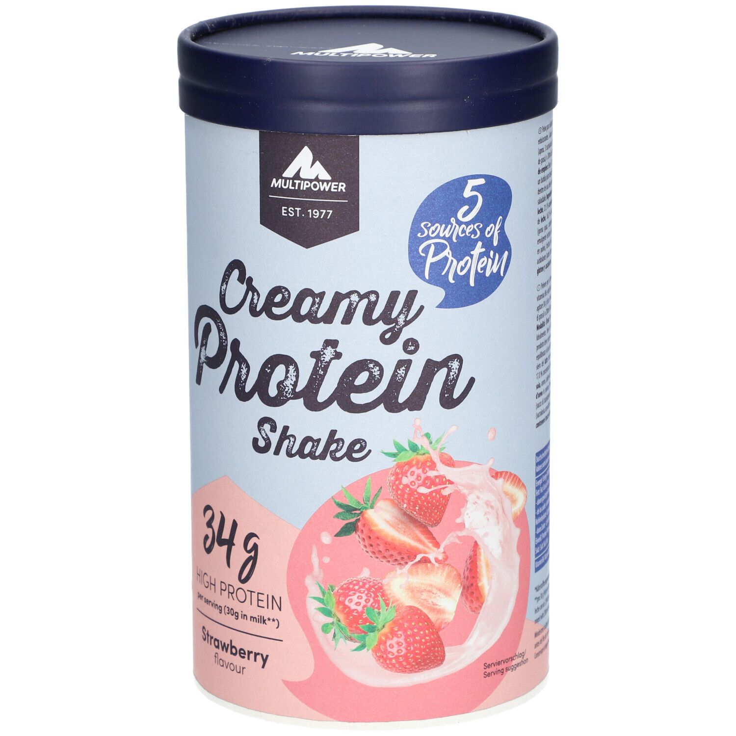 Zylinderförmige Dose mit "Creamy Protein Shake"-Aufdruck. Erdbeer-Abbildung. "34g High Protein" und "Strawberry flavour" sichtbar.