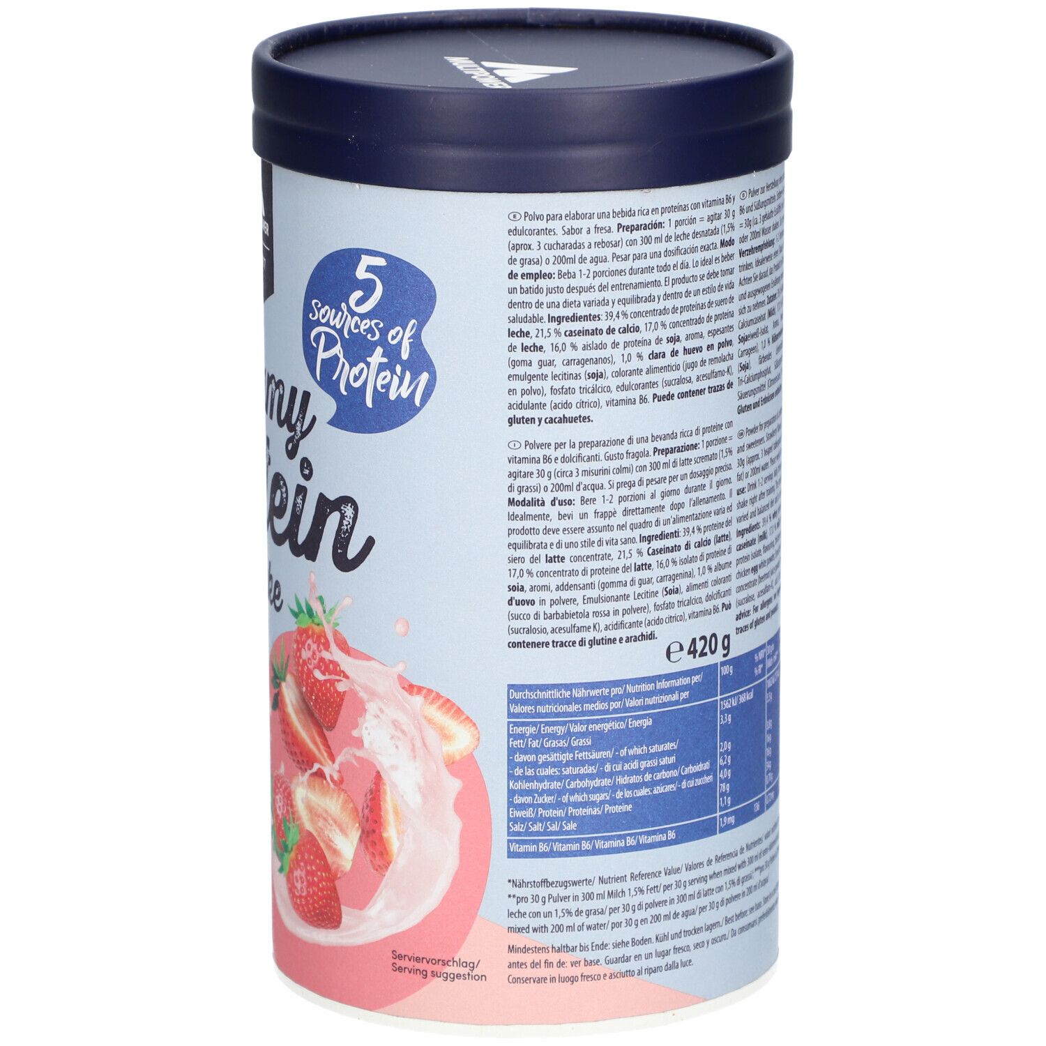 Dose mit Text und Nährwertangaben. Zutatenliste und Zubereitungshinweise. "e 420 g" und "Strawberry flavour" sichtbar.