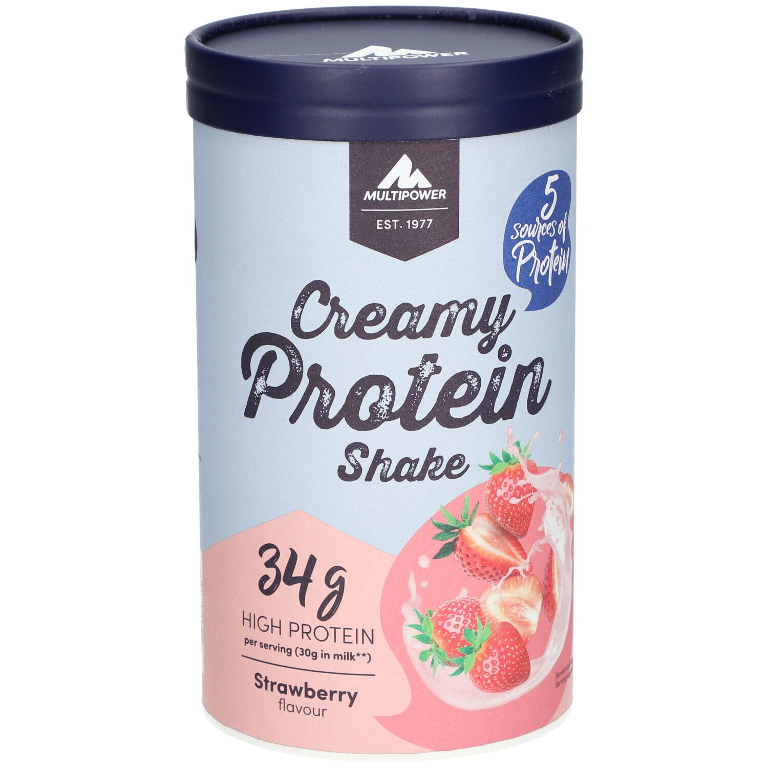 Zylinderförmige Dose mit "Creamy Protein Shake"-Aufdruck. Erdbeer-Abbildung. "34g High Protein" und "Strawberry flavour" sichtbar.