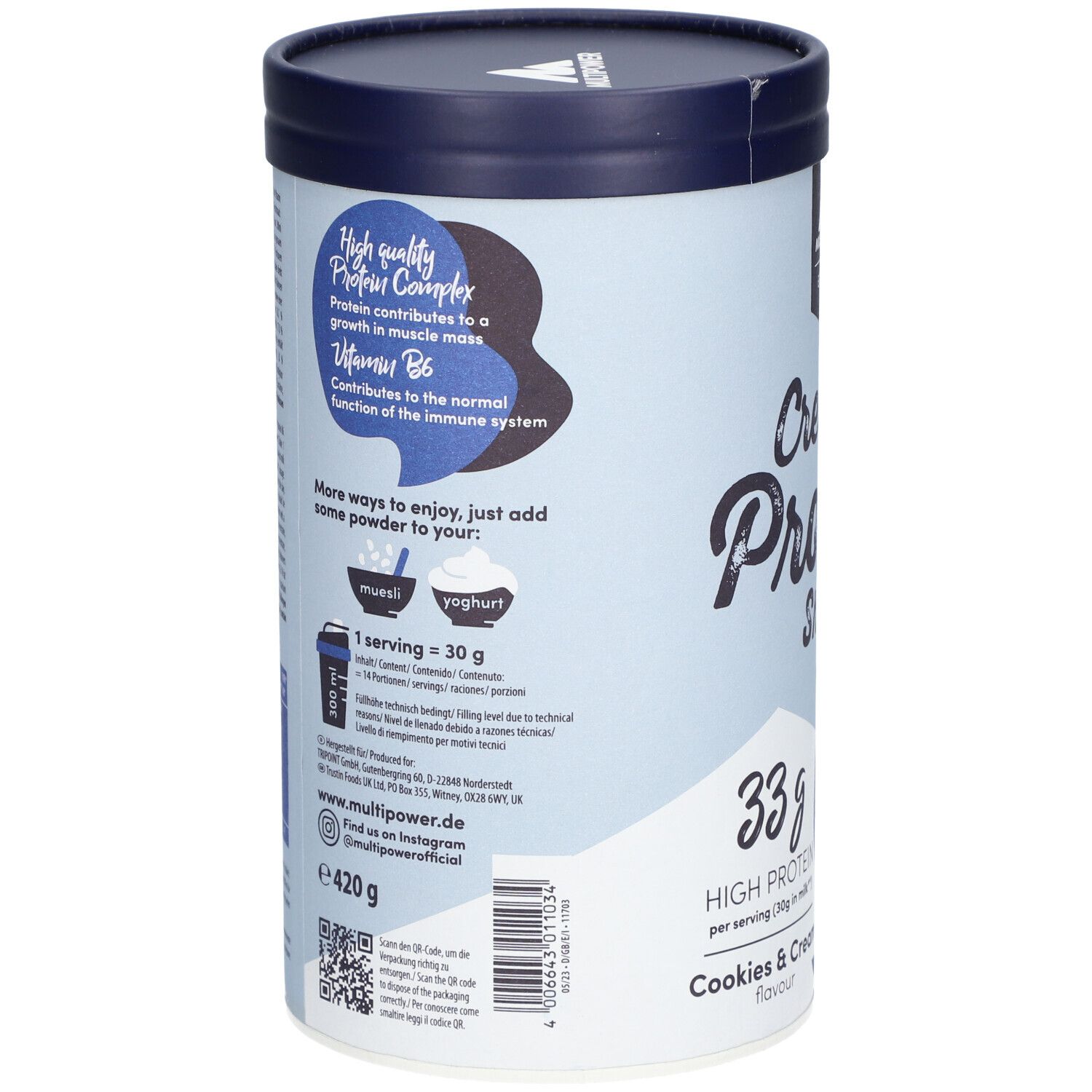 Rückseite der Dose. Text über Protein, Vitamin B6 und Zubereitung. Angaben zu Nährwerten, Inhaltsstoffen und Kontaktinformationen.