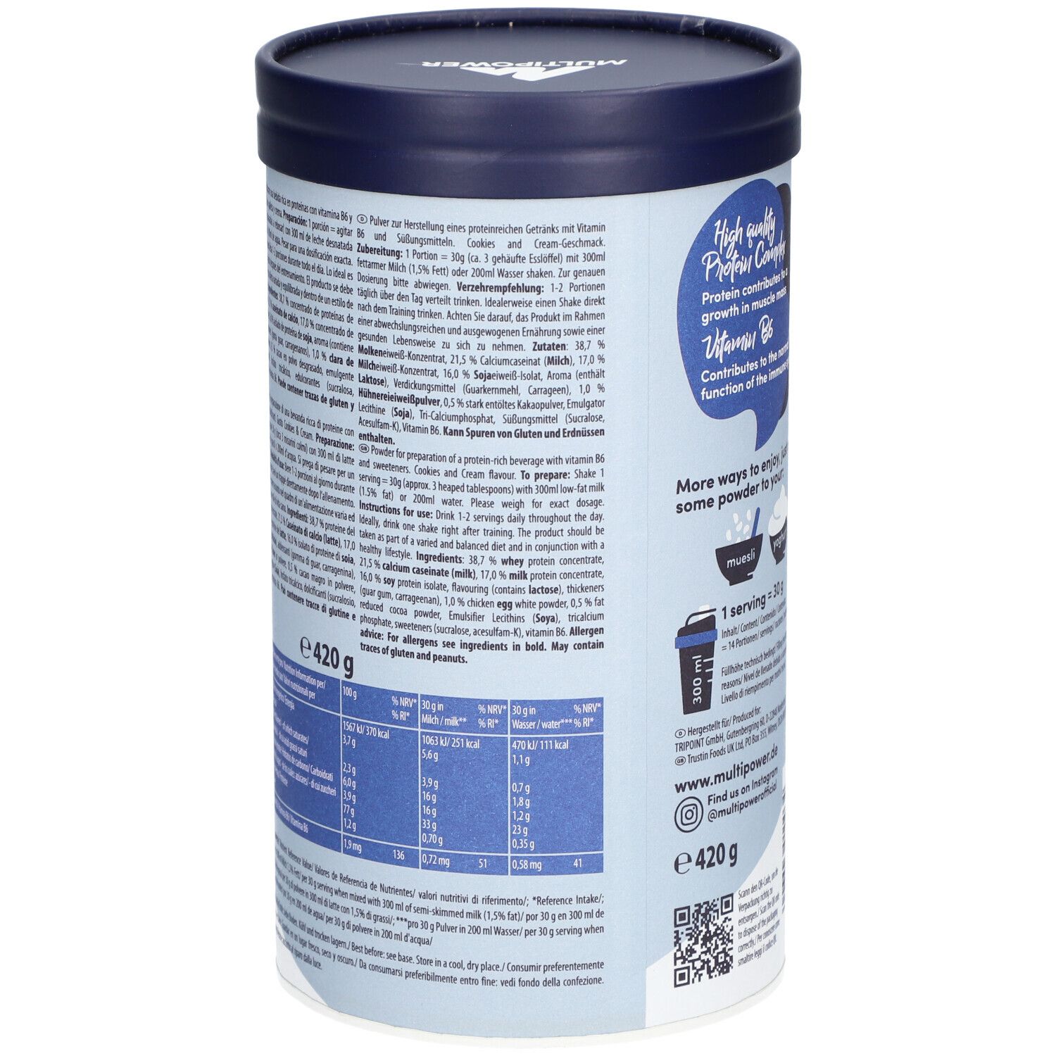 Rückseite der Dose mit Text. Enthält Nährwertangaben, Zutatenliste und Zubereitungshinweise. Dose mit blauem Deckel.