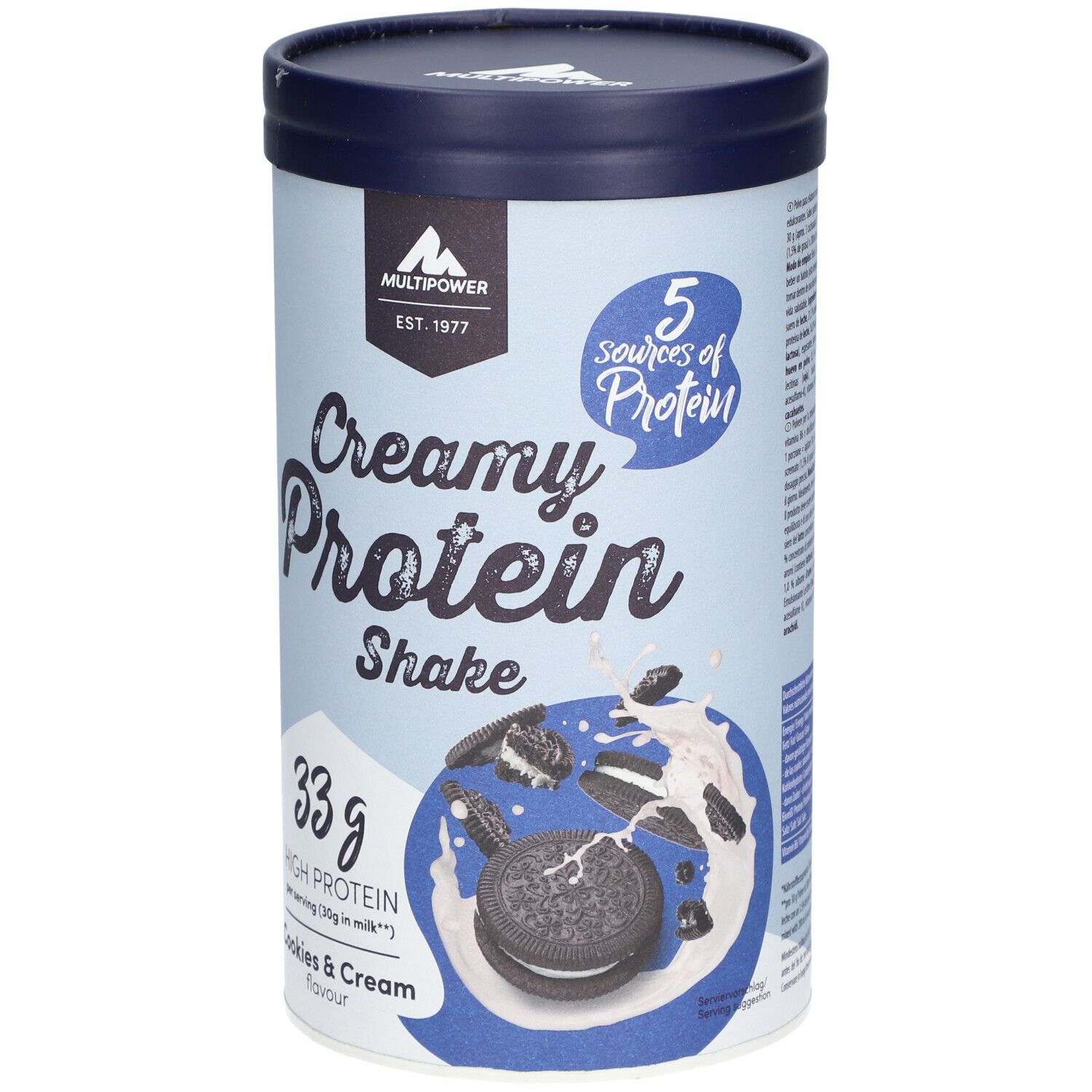 Zylinderförmige Dose mit "Creamy Protein Shake"-Aufdruck. Motiv: Kekse und Sahne. Blaue Deckel und Schrift. "Cookies & Cream"-Geschmack.