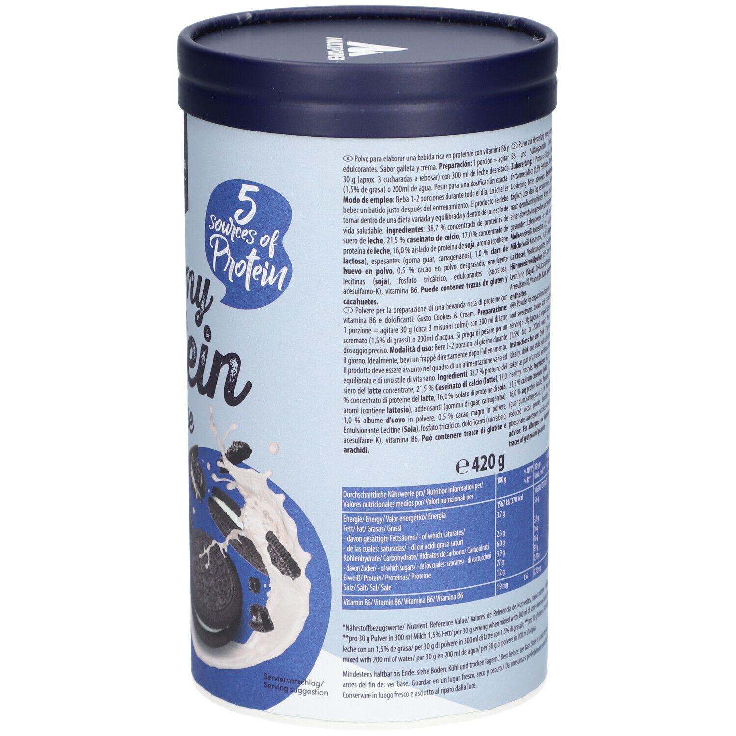 Rückseite der Dose mit Text. Enthält Nährwertangaben, Zutatenliste und Zubereitungshinweise. Dose mit blauem Deckel.