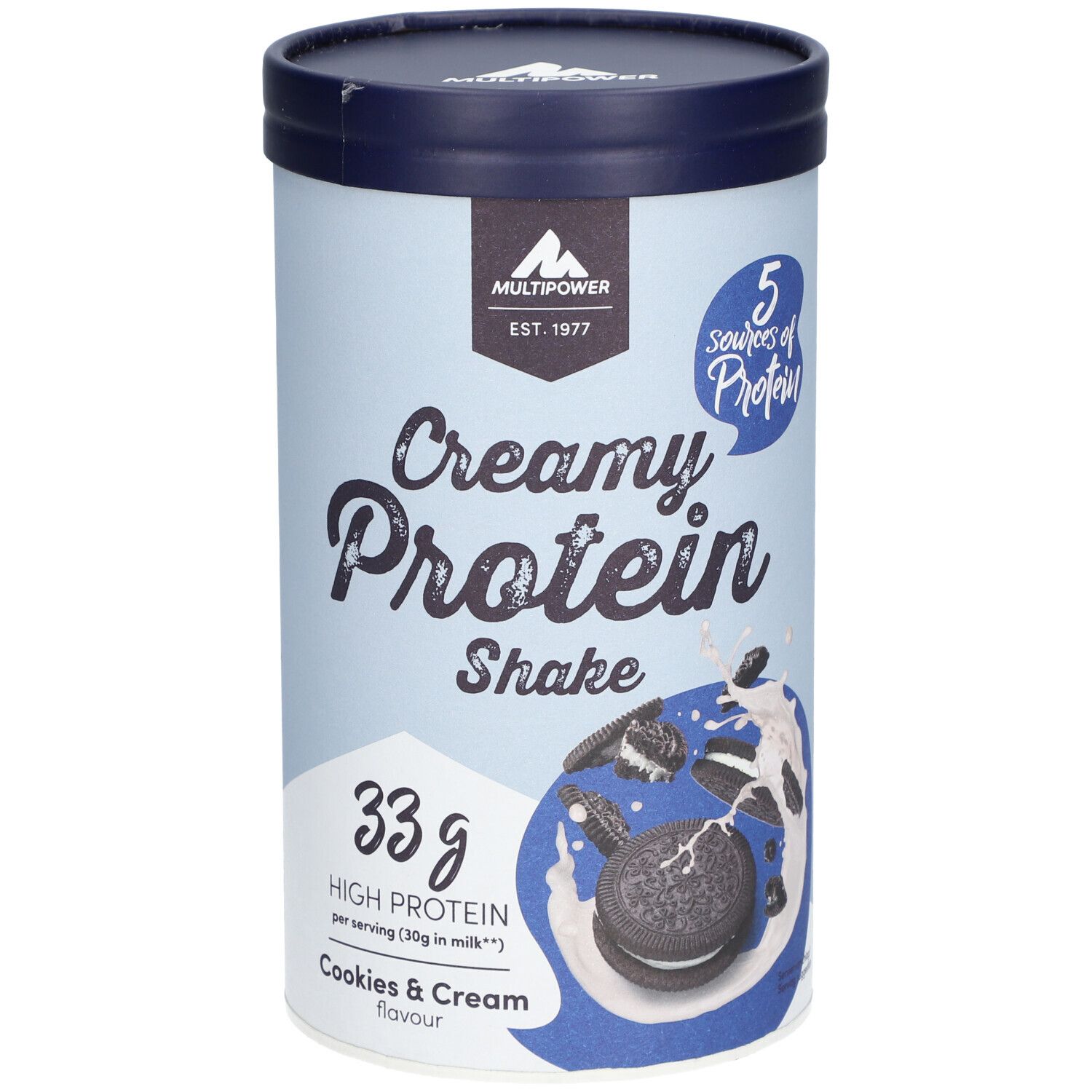 Zylinderförmige Dose mit "Creamy Protein Shake"-Aufdruck. Motiv: Kekse und Sahne. Blaue Deckel und Schrift. "Cookies & Cream"-Geschmack.