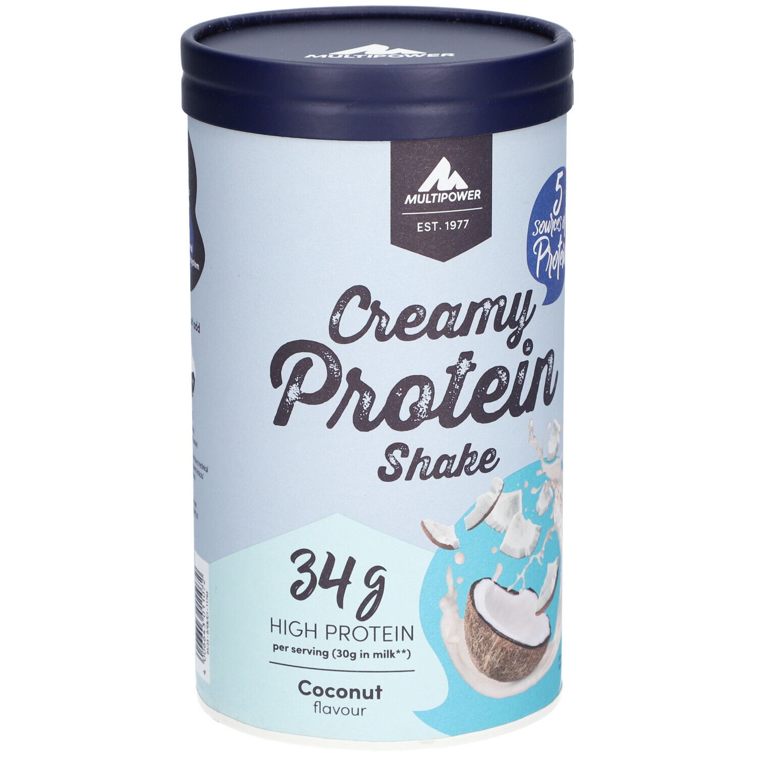 Zylinderförmige Dose mit Deckel. Aufschrift: Creamy Protein Shake, 34g High Protein, Kokos-Geschmack. Logo: Multipower.