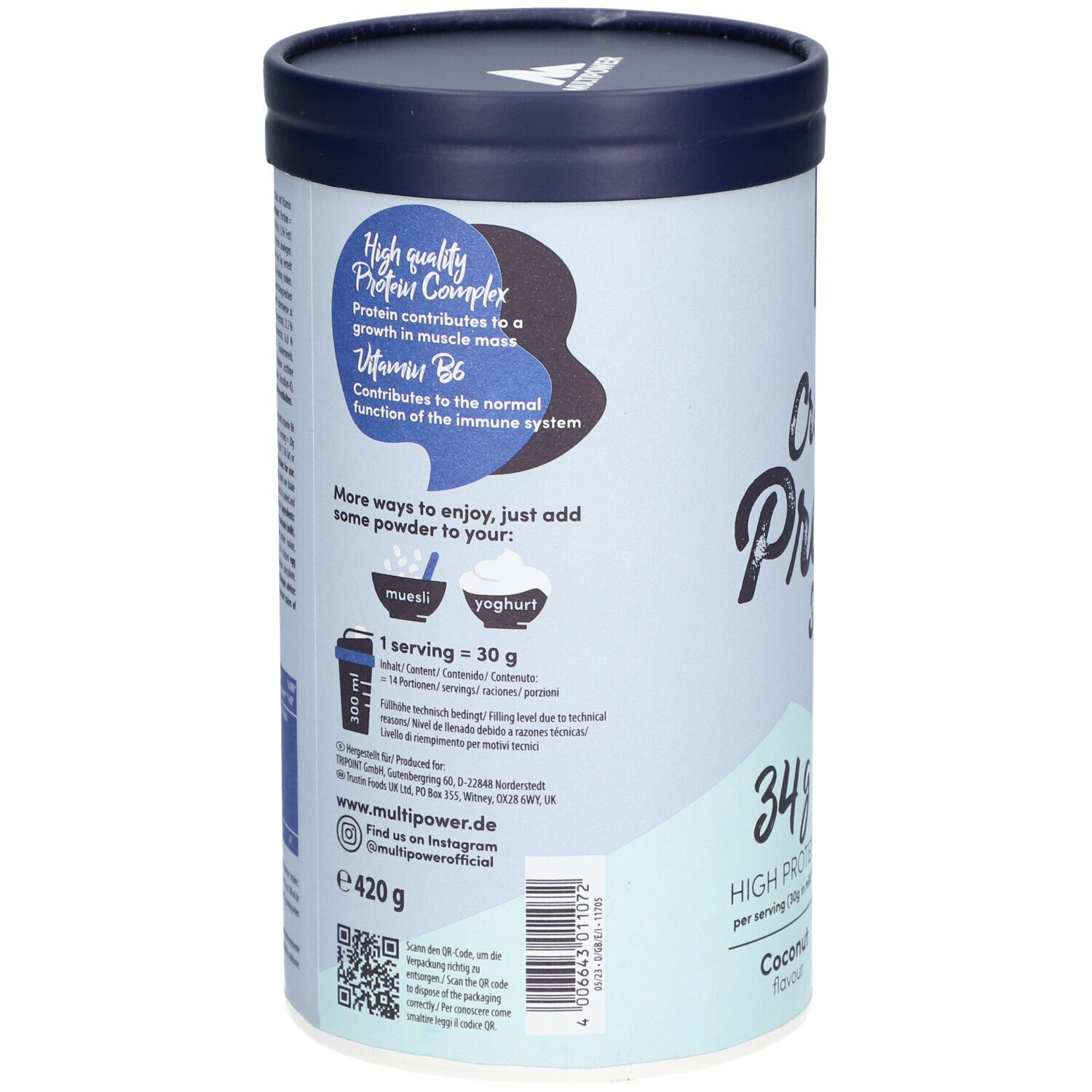 Rückseite der Dose. Text: High quality Protein Complex, Vitamin B6. Angaben zu Inhaltsstoffen und Nährwerten. QR-Code.