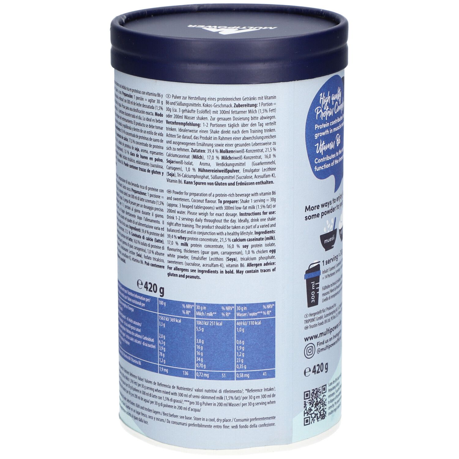 Rückseite der Dose. Text: Inhaltsstoffe, Nährwertangaben, Zubereitungshinweise. Logo: Multipower. Gewicht: 420g.