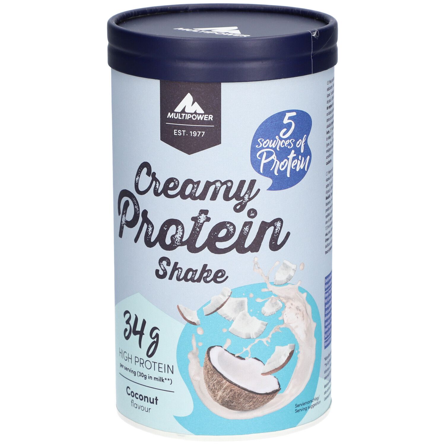 Zylinderförmige Dose mit Deckel. Aufschrift: Creamy Protein Shake, 34g High Protein, Kokos-Geschmack. Logo: Multipower.