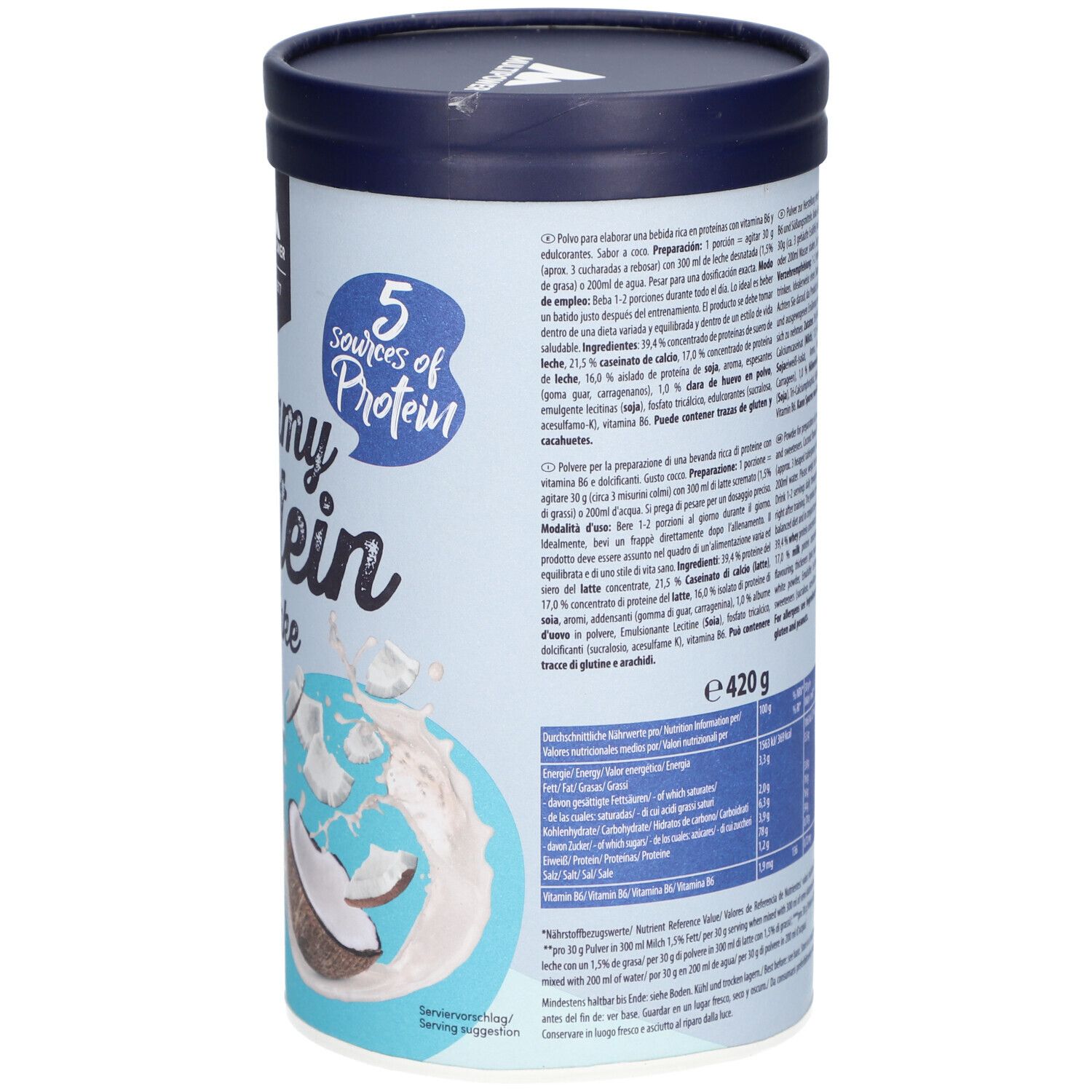 Rückseite der Dose. Text: Inhaltsstoffe, Nährwertangaben, Zubereitungshinweise. Logo: Multipower. Gewicht: 420g.