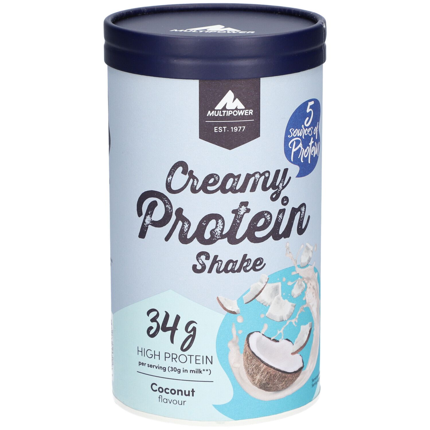 Zylinderförmige Dose mit Deckel. Aufschrift: Creamy Protein Shake, 34g High Protein, Kokos-Geschmack. Logo: Multipower.