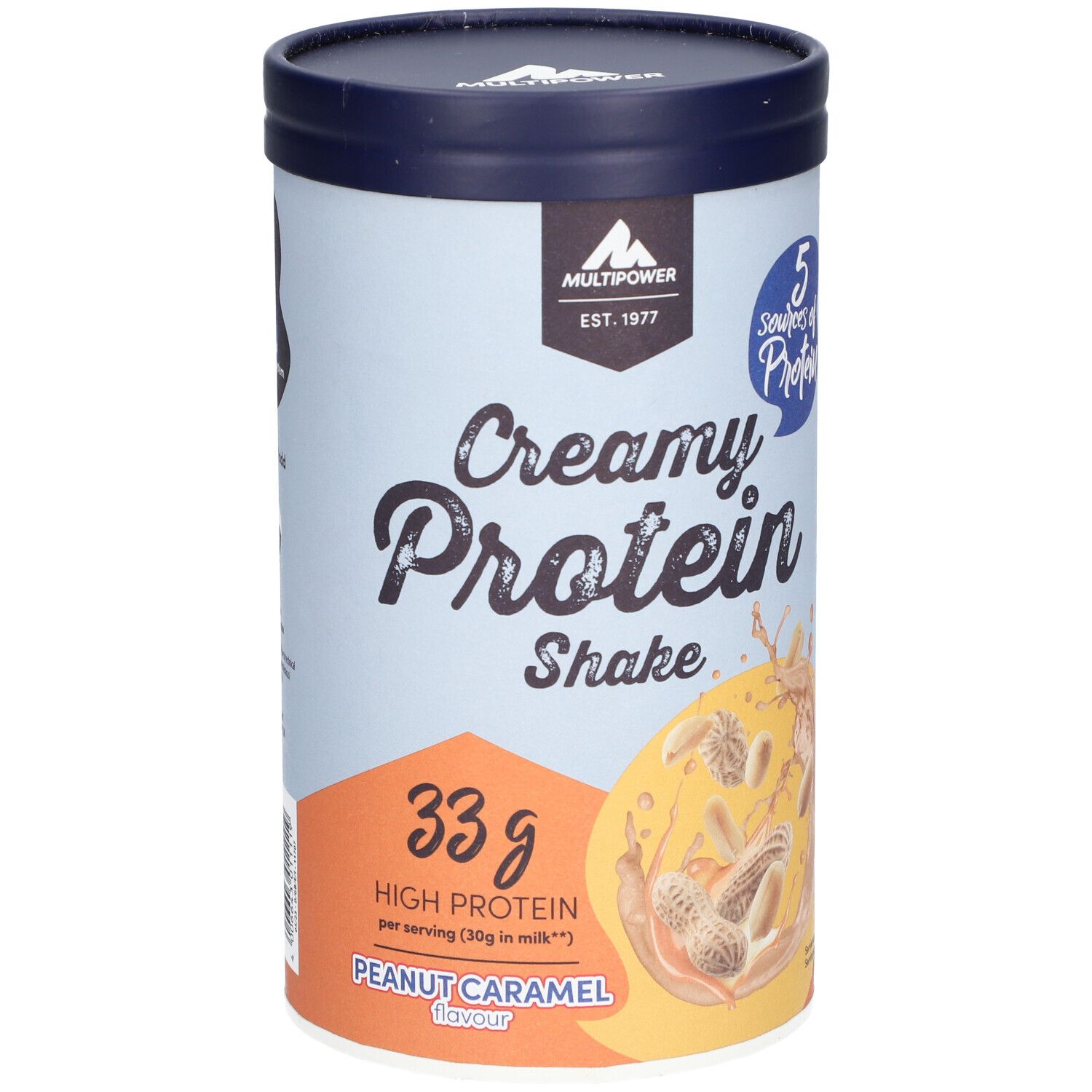 Zylinderförmige Dose. Aufschrift: Creamy Protein Shake, 33g High Protein, Erdnuss Karamel. Logo Multipower.