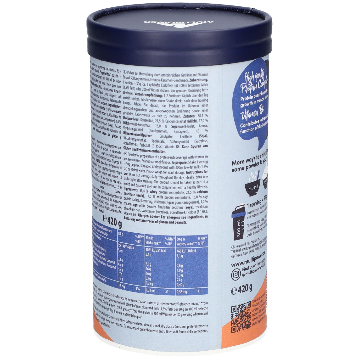 Dose mit Text und Nährwertangaben. Zutatenliste und Verzehrempfehlung. Logo Multipower. Inhalt 420g.