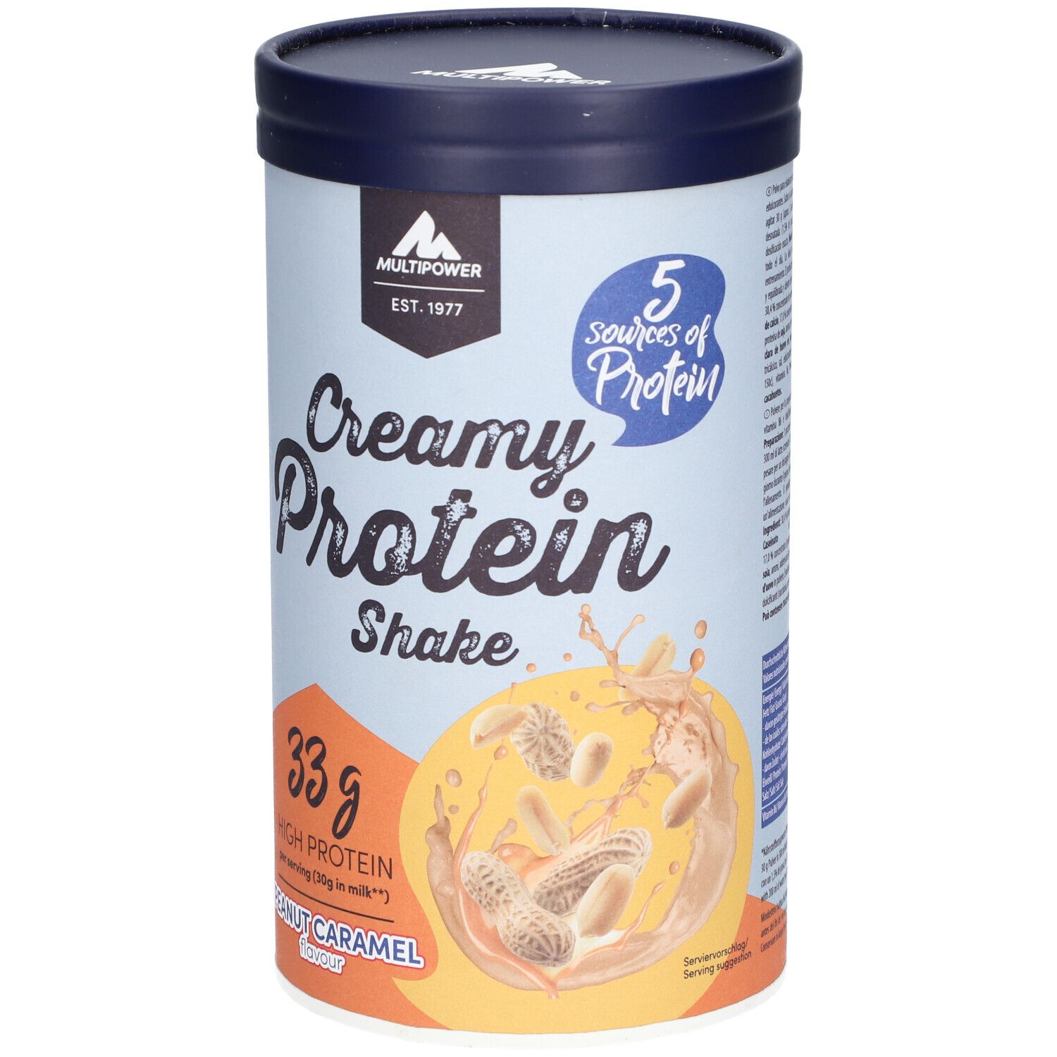 Zylinderförmige Dose. Aufschrift: Creamy Protein Shake, 33g High Protein, Erdnuss Karamel. Logo Multipower.