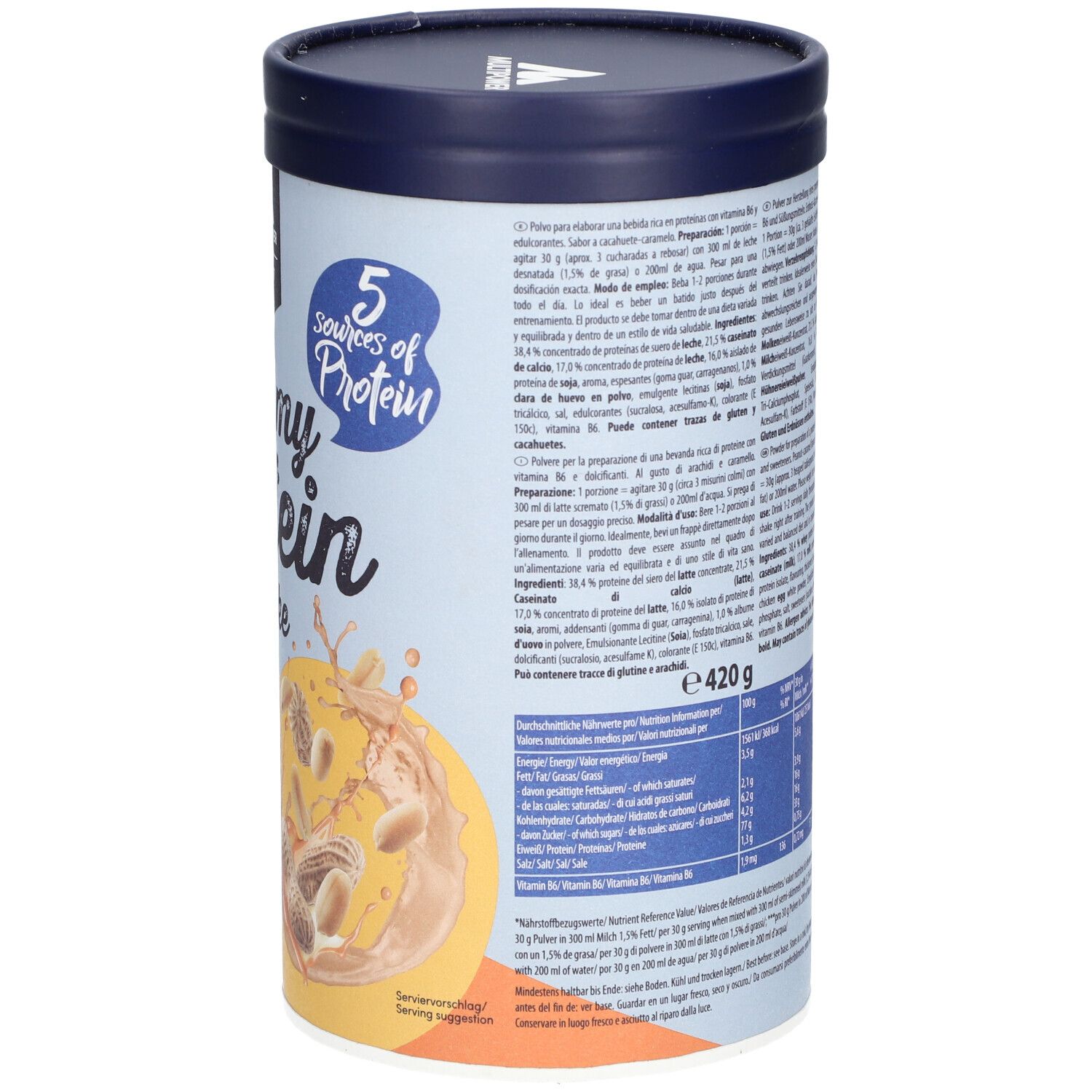 Dose mit Text und Nährwertangaben. Zutatenliste und Verzehrempfehlung. Logo Multipower. Inhalt 420g.