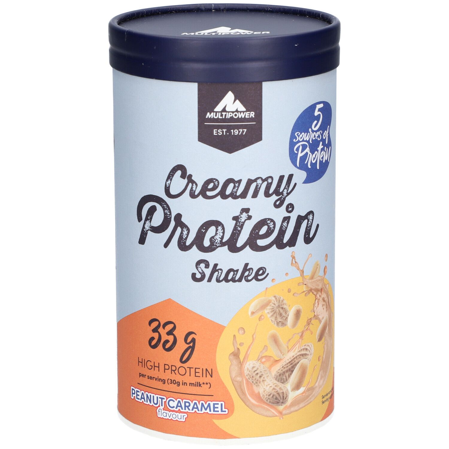 Zylinderförmige Dose. Aufschrift: Creamy Protein Shake, 33g High Protein, Erdnuss Karamel. Logo Multipower.