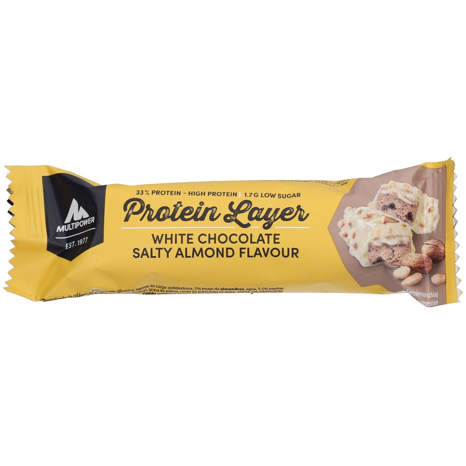 Proteinriegel in gelber Verpackung. Aufschrift: Protein Layer White Chocolate Salty Almond Flavour. Marke Multipower.